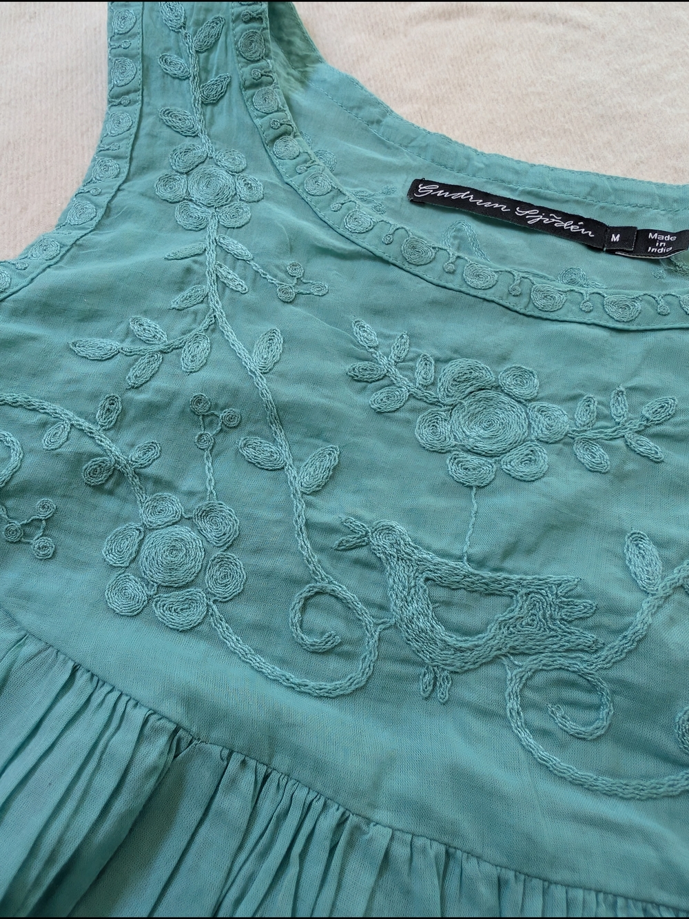 100% Cotton Gudrun Sjoden Tissu Tank Top Embroidered Gathered Jade M - Picture 4 of 8